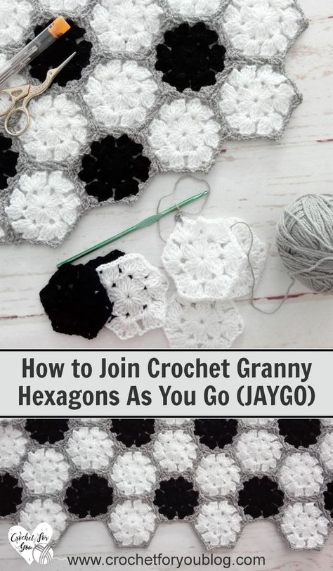 How to Join Crochet Granny Hexagons As You Go How To Join Hexagon Granny Squares, Join As You Go Hexagon Crochet, How To Crochet Hexagons Together, Joining Hexagon Granny Squares, Joining Crochet Hexagons Together, What To Make With Granny Squares Ideas, Crochet Join As You Go, Crochet Octagon Pattern Free, Join As You Go Granny Square