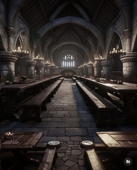 Interior Of Castle, Medieval Castle Great Hall, Training Room Fantasy Art, Fantasy Great Hall, Medevil Castles Interior, Fantasy Training Grounds, Winterfell Aesthetic, Monastery Aesthetic, Medieval Castle Interior