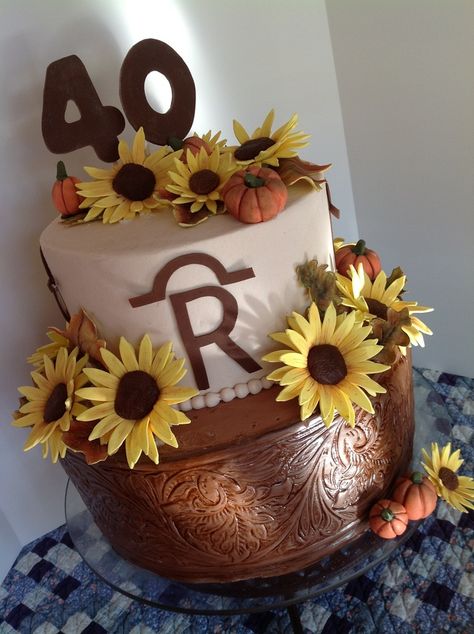 Choc. Fudge torted and filled with Peanut Butter filling, Covered in buttercream with fondant tooled leather. Sunflowers, leaves, brand and numbers of gumpaste. Tooled Leather Wedding, Sunflowers Birthday, Sunflower Birthday Cakes, Cake Chorizo, Cowboy Cakes, Sunflower Birthday, Salty Cake, Peanut Butter Filling, Cake Board