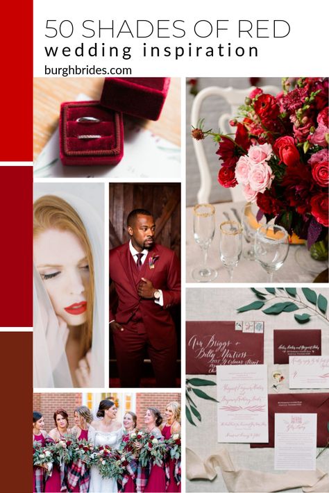 50 Shades of Red Wedding Inspiration. For more wedding color palette ideas, visit burghbrides.com! #weddingcolorpalette #weddingideas #weddingcolorinspiration #redweddingideas #shadesofredwedding Red Wedding Color Schemes, Shades Of Red Wedding, Twinkle Wedding, February Wedding Colors, Red Wedding Colors, Red And Pink Wedding, Deep Red Wedding, Cherry Wedding, Dark Red Wedding