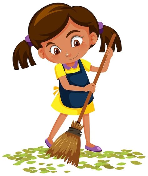 Girl sweep the leaves on the floor | Premium Vector #Freepik #vector #cartoon-drawing #girl-drawing #cartoon-svg #cartoon Sweeping The Floor Drawing, Sweeping The Floor, Vector Girl, Sweep The Floor, Cartoon Svg, Cartoon Photo, Community Helpers, Drawing Cartoon, Kids Clipart