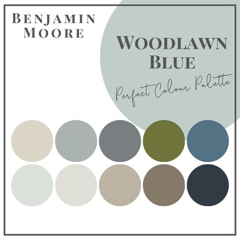 Woodlawn Blue - Perfect Colour Palettes - Claire Jefford Best White For Trim, Woodlawn Blue Benjamin Moore, Interior Paint Color Palette, Interior Paint Color, Woodlawn Blue, Interior Paint Palettes, Paint Color Guide, Painting Trim White, Design Color Trends