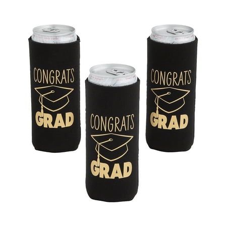 Add these fun can coolers to your graduation party supplies to help the grad feel even more celebrated  and to keep drinks cool! These slim-fit coolers are perfectly sized for seltzer drinks and other slim can drinks. Have these on hand at any graduation celebration as bar supplies or hand them out as graduation party favors. Fits a standard 12-oz. slim can. Neoprene rubber. 6 1/2" Color: Black. Graduations Ideas, Canned Beverages, Graduation Party Favors, Graduation Party Supplies, Drink Station, Neoprene Rubber, Bar Supplies, Entertainment Bar, Congrats Grad