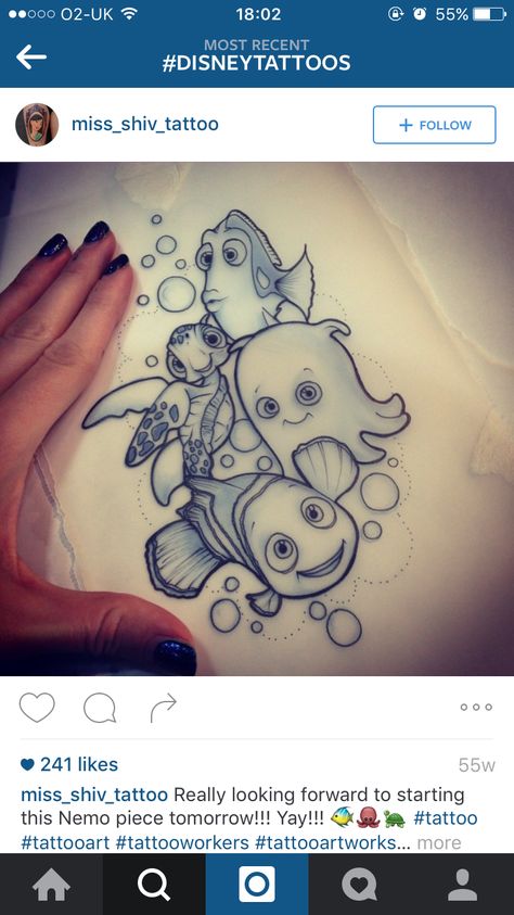 Finding Nemo Tattoo Sleeve, Finding Dory Tattoo Ideas, Nemo Tattoo Design, The Good Dinosaur Tattoo, Disney Theme Tattoos, Finding Nemo Tattoo Ideas, Nemo Tattoo Ideas, Finding Nemo Tattoos, Disney Half Sleeve Tattoo