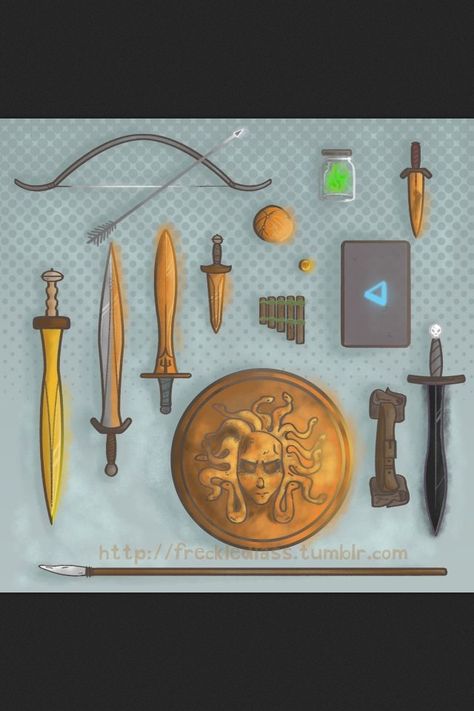 (from left to right): Hunters of Artemis Bow & Arrow, Hazel’s Spatha, Luke’s Backbiter, Percy’s Anaklusmos, Annabeth’s Knife, Leo’s Archimedes Sphere, Jason’s Ivlivs, Jar of Greek Fire, Piper’s Katoptris, Grover’s Reed Pipes, Annabeth’s Daedalus Laptop, Thalia’s Aegis, Leo’s Magical Tool Belt, Nico’s Stygian Iron Sword, and Frank’s Dragon Tooth Spear. Stygian Iron, Artemis Bow, Hunters Of Artemis, Greek Fire, Dragon Tooth, The Kane Chronicles, Hunter Of Artemis, Zio Rick, Bow Arrow