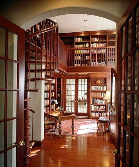 Home Library ~ 2-story with spiral staircase 2 Story Library House Plans, Two Floor Library, Master Staircase, 2 Story Library, Dream Library Home, Library Layout, Dream Home Library, Library Plan, Dream Library