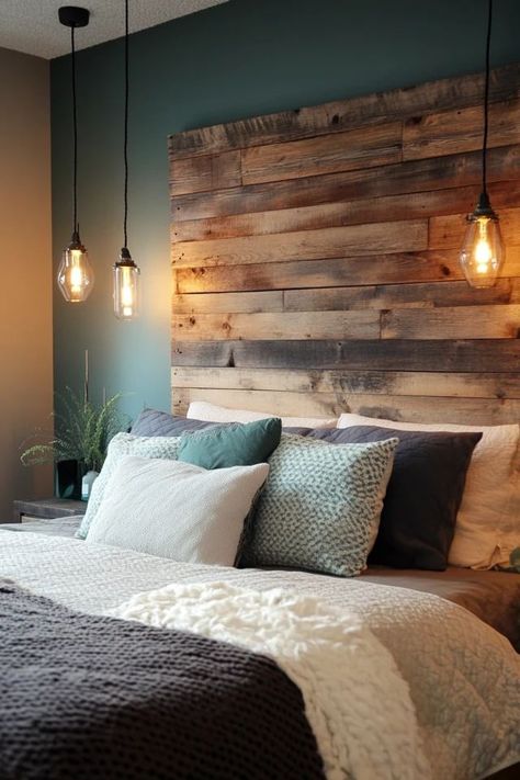 "Add rustic charm to your bedroom with a DIY Pallet Wood Headboard! 🛠️🛏️ This project is perfect for creating a unique and budget-friendly focal point. 🌟✨ #DIYHomeDecor #PalletProjects #RusticStyle" Barnwood Headboard With Lights, Diy Wood Headboard Ideas Rustic, Pallet Bedroom Wall, Pallet Wood Wall Bedroom, Pallet Wall Bedroom Ideas, Handmade Headboards Wood, Homemade Wood Headboard, Scrap Wood Headboard, Diy Rustic Headboard Ideas