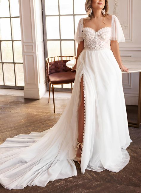 Boho lace wedding dress with sleeves