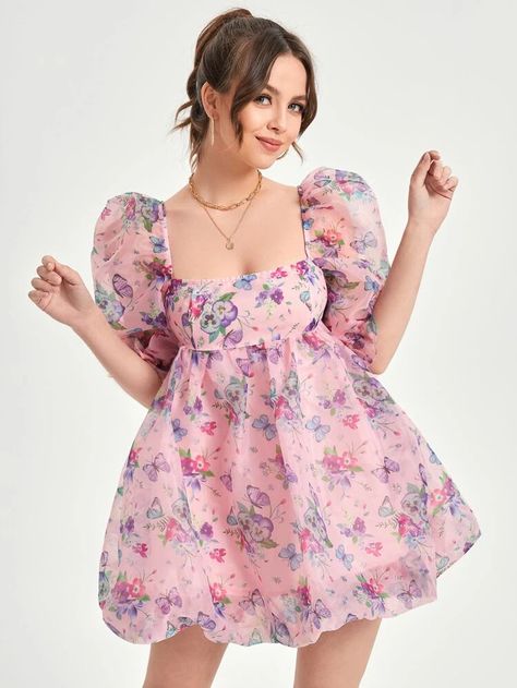 SHEIN Square Neck Puff Sleeve Butterfly & Floral Print Organza Dress | SHEIN USA Butterfly Frock, Diy Fashion Scarf, Organza Dress, Frock Design, Fashion Designs, Young Fashion, One Piece Dress, Women Dresses, Scarf Styles