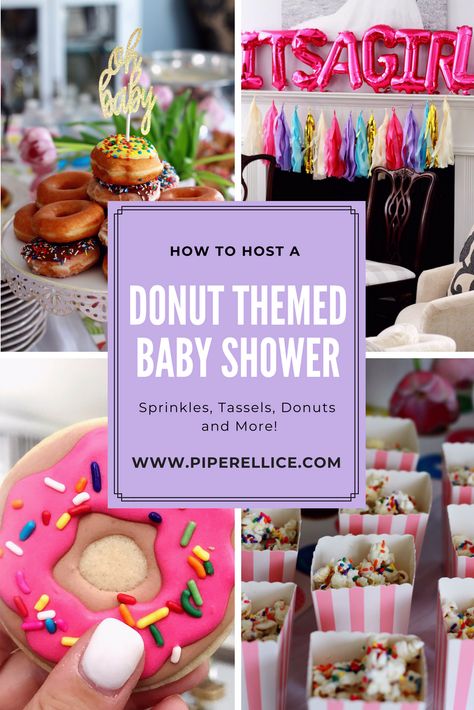 How to host a donut themed baby shower/baby sprinkle. www.piperellice.com Donut Shower Ideas, Donut Sprinkle Baby Shower Ideas, Sprinkle Themed Baby Shower Ideas, Donut Bar Baby Shower Ideas, Donut Baby Shower Ideas Boy, Donut And Diaper Sprinkle Decor, Diaper Sprinkle Party Ideas, Baby Sprinkle Donut Theme, Donuts And Diapers Baby Shower Theme