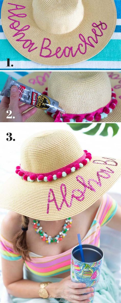 Add a pop of color and fun to your floppy wide brim beach hat this summer with pom pom trim, or fringe! It will take less than 5 minutes! #beachhat #pompomtrim #widebrimhat #floppyhat #embellishedhat #beachhatDIYsummer #beachhatDIYfun #pompomcrafts Handmade Fun Beach Hats, Cute Handmade Beach Sun Hat, Fun Poolside Hat For Beach Season, Fun White Beach Season Hats, Fun Brimmed Beach Hat, Summer Diy Projects, Diy Pom Pom, Pom Pom Crafts, Budget Friendly Decor