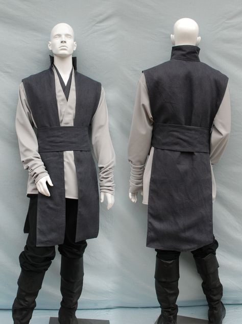 Shorter Grey Textured Linen Reversible Surcoat, Obi and Grey Knit Tunic Jedi Inspired Outfit Men, Jedi Knight Outfit, Star Wars Jedi Outfit Male, Grey Jedi Outfit, Star Wars Jedi Outfit, Fantasy Tunic, Grey Jedi Cosplay, Jedi Tunic, Sith Costume