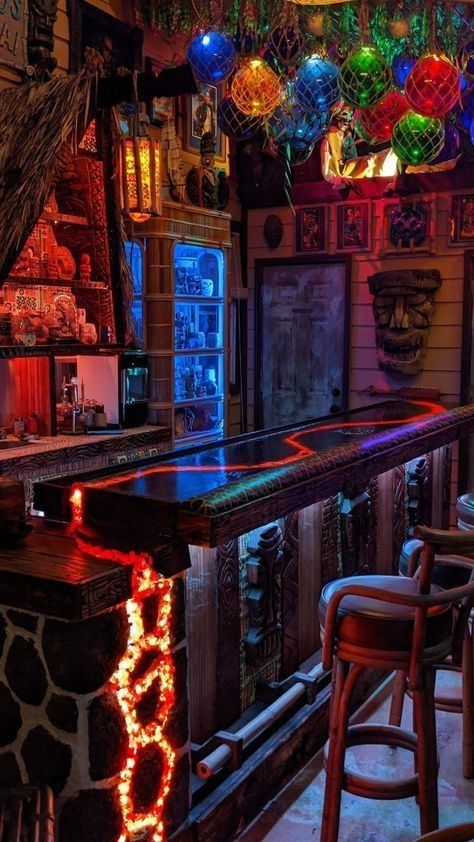 Closet Speakeasy, Fairy Restaurant, Tropical Bar Design, Adventureland Aesthetic, Dispensary Ideas, Tiki Bar Ideas, Tiki Backyard, Listening Lounge, Tiki Bars Diy