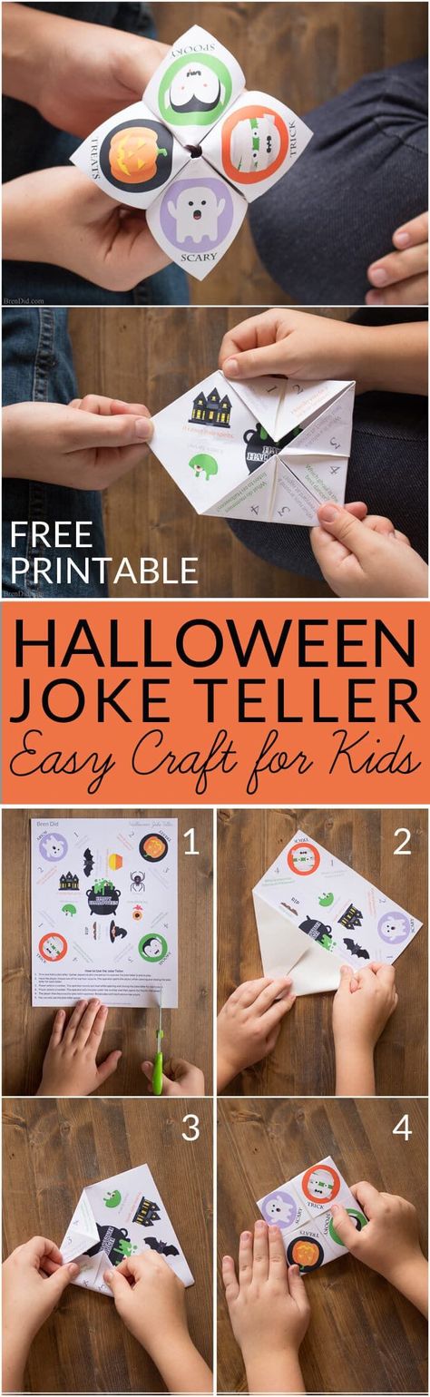 Halloween Joke Tellers for Kids - Make easy Halloween cootie catchers with your kids for a delightful Halloween treat that focuses on fun not sugar or candy. Free printable Halloween craft for kids. Halloween fortune Tellers. Healthy Halloween treat for kids. via @brendidblog Halloween Fortune Teller, Halloween Class Party, Free Printable Halloween, Healthy Halloween Treats, Fortune Tellers, Halloween Jokes, Halloween Treats For Kids, Make Halloween, Hallowen Costume