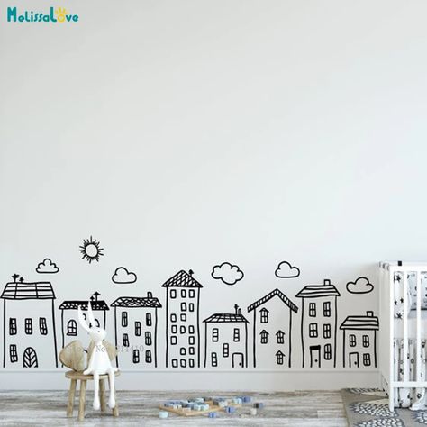 Doodle City Wall Art Decals for Kids Room Playroom Preschool Nursery Decor Handmade House Stickers Modern Murals YT4313|Wall Stickers| - AliExpress Kids Playroom Wall Paint Ideas, Playroom Paint, House Stickers, Girls Bunk Beds, Kids Building, Doodle Wall, Basement Redo, Playroom Wallpaper, Handmade House