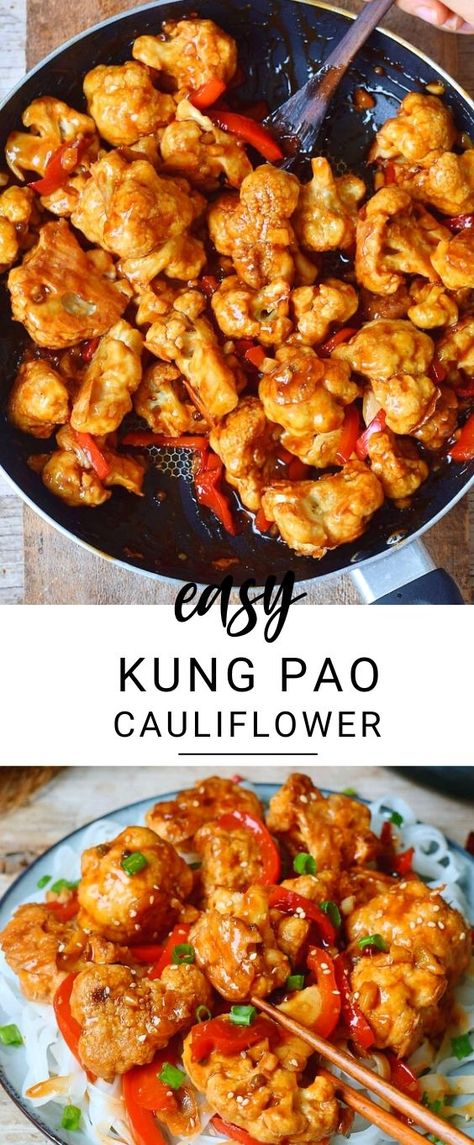 This Kung Pao Cauliflower is a delicious stir-fry which is spicy, hearty, satisfying, and comforting. It's a great meat-free Chinese takeout alternative to Kung Pao Chicken! The Kung Pao sauce has the perfect combination of spicy, salty and sweet flavors which will make your mouth water. The recipe is vegan, gluten-free, low in fat and calories, and can be made oil-free! #kungpao #kungpaocauliflower #veganstirfry #spicydinner #glutenfreevegan #elasrecipes | elavegan.com Gluten Free Chinese Food, Vegan Chinese Food, Kung Pao Cauliflower, Cauliflower Vegan, Vegan Chinese, Chinese Dinner, Mapo Tofu, Cauliflower Recipes, Vegan Cooking