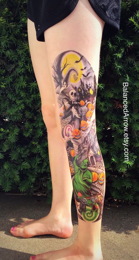 Excited to share this item from my #etsy shop: Nightmare Before Christmas. Temporary Tattoo. Large Temporary Tattoo. Nightmare Before Christmas Tattoo. Jack Skeltington. Oogie Boogie. Leg Nightmare Before Christmas Scene, Horror Tattoo Ideas, Tattoo Nightmares, Flower Leg Tattoos, Jack Skellington Tattoo, Tattoo Large, Halloween Tattoos Sleeve, Disney Sleeve Tattoos, Nightmare Before Christmas Tattoo