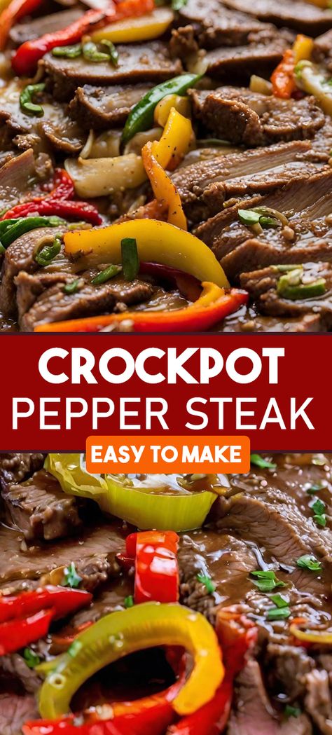 Crockpot Pepper Steak: Discover the ease and flavor of slow-cooked pepper steak, a perfect blend of tender beef, vibrant bell peppers, and a savory sauce. Ideal for busy weeknights or relaxed weekend dining, this recipe is a fuss-free way to enjoy a classic, Easy Crockpot Pepper Steak, Pepper Steak Recipe Easy, Crock Pot Pepper Steak, Chinese Pepper Steak Recipe, Peper Steak, Crockpot Steak Recipes, Crockpot Pepper Steak, Chinese Pepper Steak, Round Steak Recipes