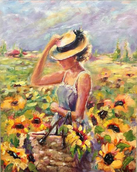 Woman In Field, Flower Field Painting, Field Paint, Oil Painting Woman, Oil Painting Background, American Impressionism, Contemporary Oil Paintings, Field Painting, Image Painting