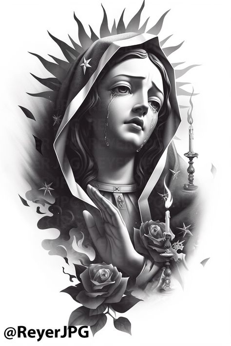 Discover the beauty of faith with this stunning Virgin Mary tattoo design. Perfect for those seeking a meaningful and artistic expression, this intricate black and gray illustration captures deep emotion and spirituality. Ideal for both first-timers and seasoned tattoo lovers, it can be adapted for various styles and placements. Let your skin tell a story! #TattooArt #VirginMaryTattoo #Inked #TattooDesigns #Spirituality #BodyArt Virgin Mary Tattoo Design, Mary Tattoo Design, Gray Illustration, Virgin Mary Tattoo, Crane Tattoo, Buddha Tattoo Design, Mary Tattoo, Random Designs, Buddha Tattoo