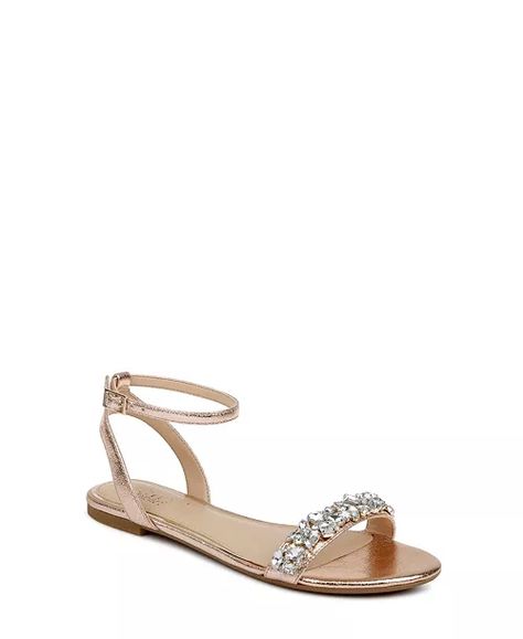 Jewel Badgley Mischka - Dress Sandals Flat, Gold Flat Sandals, Wedding Shoes Comfortable, Jewel Badgley Mischka, Dressy Sandals, Evening Flats, Badgley Mischka Shoes, Sandal Online, Evening Sandals