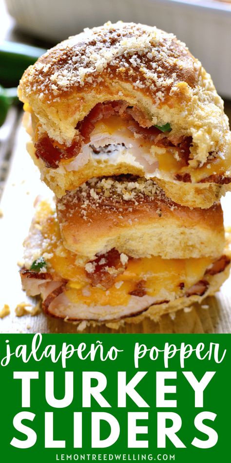 These Jalapeño Popper Baked Turkey Sandwiches are a delicious pairing of two favorites. They combine all the flavors of jalapeño poppers with the ease and simplicity of turkey sliders...all tucked inside deliciously sweet Hawaiian rolls! Perfect for game days or parties! Hawaiian Roll Sliders Pork, Pesto Hawaiian Sliders, Easy Sliders Recipe, Turkey And Bacon Sliders, Dinner Ideas With Hawaiian Rolls, Turkey And Gouda Sliders, Poppyseed Sandwiches Hawaiian Rolls, Hot Turkey Sliders On Hawaiian Rolls, Baked Slider Recipes