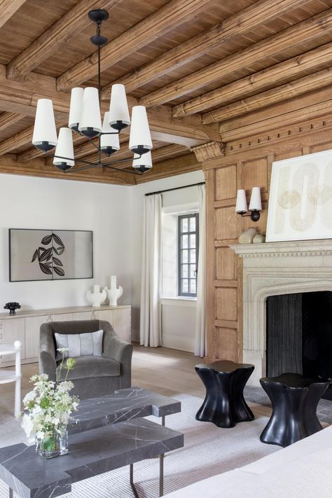 Historic Tudor Interiors, Dormer Living Room, Remodeled Tudor Home, Tudor Revival Fireplace, Modern Tudor Fireplace, Brick Columns Interior, English Tudor Interior, Modern Tudor Interiors, English Tudor Homes Interior