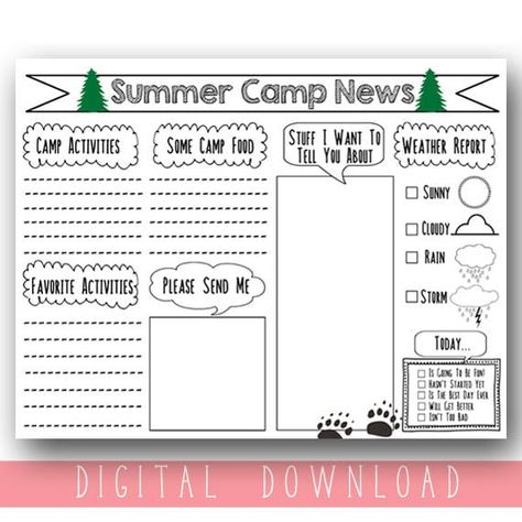 PRINTABLE Camp Stationary / Kids Summer Camp / Printable Summer Camp Stationary /Fill in Camp Letter Printable / Instant Download by luxeprairie on Etsy Summer Camp Stationary, Camp Letters, Backyard Campout, Overnight Camp, Camping Photos, Stationary Printable, Bear Paw Print, Letter Diy, Camping Photo