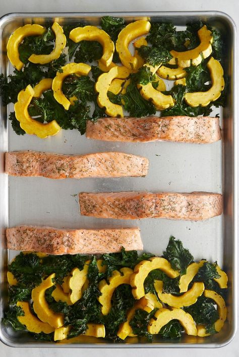 Salmon Delicata Squash, Salmon And Squash Recipes, Salmon Squash, Dinner Salmon, Lemon Garlic Salmon, Easy Sheet Pan Dinners, Garlic Salmon, Delicata Squash, Pan Dinners