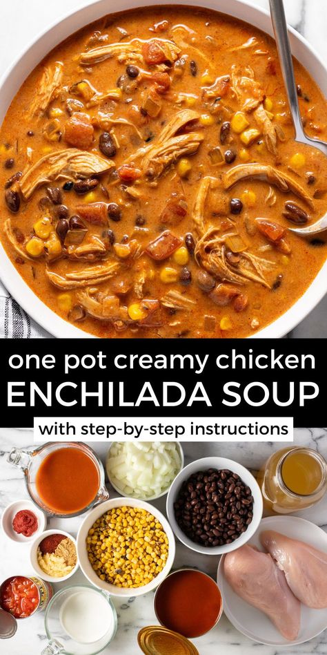 Chicken Enchilada Soup Stovetop, Chicken Enchilada Soup Instant Pot, Soups Fall, Creamy Chicken Enchilada Soup, Cozy Soups, Tortilla Strips, Creamy Chicken Enchiladas, Comforting Soup, Chicken Enchilada Soup