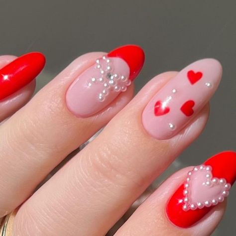 Aistė Haas on Instagram: "💌 🫧 A classic Valentine’s pairing: bold red, complemented by white pearls and hearts❣️ •ad | Using: @kiaraskynails Laven-Dare | Change Of Art IB @overglowedit _____ (*aff) #pearlnails #rednails #frenchnails #bownails #valentinesnails #heartnails #nails #nailart" Valentines Nails With Pearls, Heart Pearl Nails, Yellow Cartoon Characters, Valentine Nails Pink, Yellow Cartoon, Long Lasting Nail Polish, Summery Nails, Blue Nail Designs, Pearl Nails