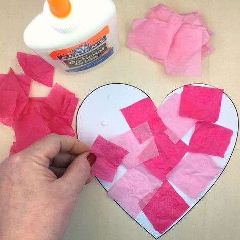 Tissue Paper Heart Craft Heart Projects For Kids, Project For Preschoolers, Easy Kids Projects, Valentines Art For Kids, Collage Heart, Canvas Art Diy, Craft For Preschool, Preschool Craft Activities, Heart Project