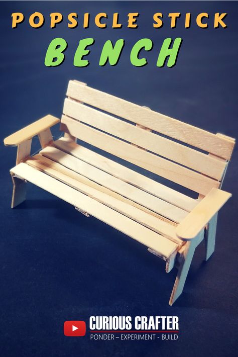 How to create a popsicle stick bench, perfect for a dollhouse or scale model. This is one of many popsicle stick furniture pieces by Curious Crafter. Hope you enjoy it! Popsicle Stick Building, Popsicle Stick Furniture, Build Cute, Craft Stick Projects, Stick Furniture, Popsicle Stick Crafts House, Popsicle Stick Houses, Diy Popsicle Stick Crafts, Sticks Furniture