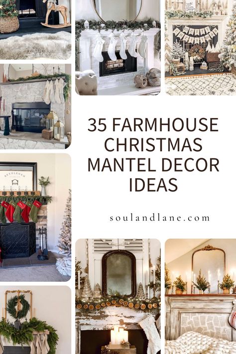 Adorn your fireplace with the homely and warm vibes of farmhouse style using 35 Christmas mantel décor ideas. Discover rustic elements and classic touches that create a festive focal point in your living space. Click through to explore designs that radiate comfort and joy, promising a mantel that brings the cozy charm of a farmhouse Christmas right into your home. Christmas Mantel Mirror, Christmas Stone Fireplace Decor, Farmhouse Christmas Fireplace Decor, Brick Fireplace Christmas Decor, Mantle With Tv Decor, Christmas Mantels With Tv, Christmas Fireplace Mantle Decorations, Christmas Mantels Rustic, Christmas Mantles Ideas Fireplaces