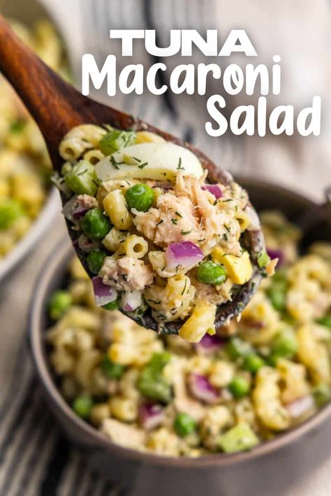 A close up view of a wooden spoon dishing out a helping of tuna macaroni salad from a bowl. Tuna Salad Lunch Ideas, Tuna Mac Salad, Canned Tuna Recipe, Tuna Macaroni Salad Recipe, Tuna Dishes, Tuna Macaroni Salad, The Stay At Home Chef, Canned Tuna Recipes, Tinned Fish