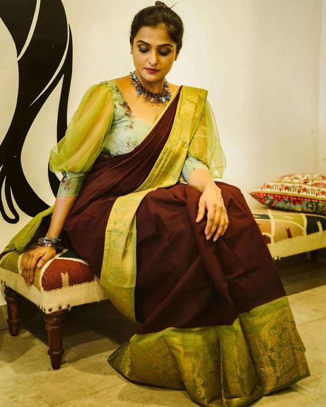 Organza Blouse Designs Latest, Organza Blouse Designs, Ramya Nambeesan, Remya Nambeesan, Bishop Sleeve Blouse, Simple Saree Designs, New Saree Blouse Designs, Latest Model Blouse Designs, Fashionable Saree Blouse Designs