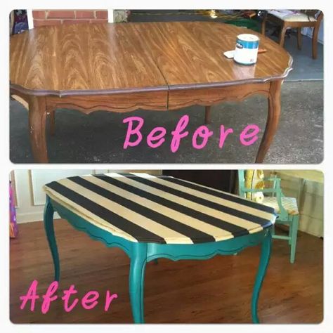 Table diy project Refurbished Table, Painted Kitchen Tables, Table Redo, Zebra Painting, Painted Stripes, Old Table, Funky Painted Furniture Diy, Painted Furniture Diy, Paint Kitchen