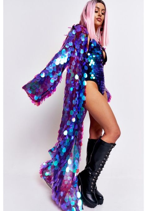 Purple Iridescent Sequin Maxi Kimono Festival Outfits Rave, Iridescent Sequin, Mode Kimono, Maxi Kimono, Fest Outfits, Kimono Coat, Looks Party, Sequin Maxi, Disco Outfit