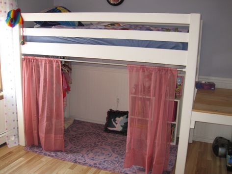 loft bed curtins | Junior Bunk Bed with curtains and dress area Curtains For Loft Bed, Curtain For Loft Bed, Bed With Curtains Around It Bunk, Curtain Under Loft Bed How To Hang, Bunk Bed With Curtains, Loft Bed Curtains Diy, Top Bunk Curtain Diy, Loft Bed With Closet Underneath And Curtens, Junior Loft Bed