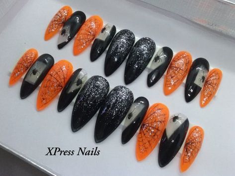 Hey, I found this really awesome Etsy listing at https://www.etsy.com/ca/listing/727821334/spiders-and-webs-spooky-witchy-black-and Nail Guards, Hand Painted Halloween, Nails Hand Painted, Holloween Nails, Orange Nail Designs, Long Stiletto Nails, Witchy Nails, Spooky Black, Nails Glossy