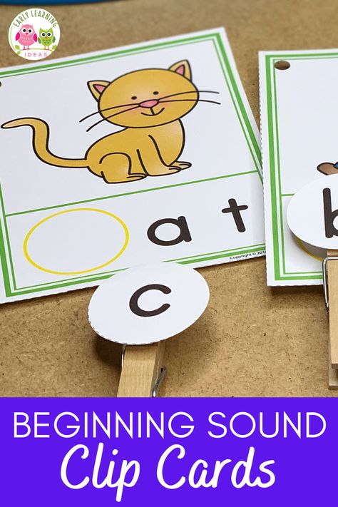 Use these CVC Beginning Sound Clip cards to help your kids hear and see the beginning sounds in words. They will love this hands-on early literacy activity...perfect for teaching early literacy concepts in your preschool, pre-k, or kindergarten classroom or at home. 17 word families are included. Looking for ideas for teaching rhyming, letter sounds, phonemic awareness, and phonological awareness? These activities are perfect for your literacy centers as independent and small group activities. Letter Clip Cards, Montessori Literacy Activities Preschool, Free Beginning Sounds Activities, Beginning Sound Clip Cards Free Printable, Early Reading Activities Preschool, Free Phonics Activities Kindergarten, Beginning Sound Activities Kindergarten, Phonics Activities For Kindergarten, Beginning Sounds Activities Preschool