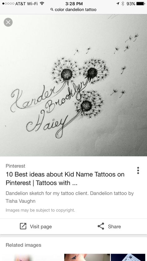 Dandelion With Names Tattoo, Let Them Dandelion Tattoo, Mama Tattoo, Kid Name Tattoo, Baby Name Tattoos, Dandelion Tattoo, Tattoos With Kids Names, Kids Names, Name Tattoo