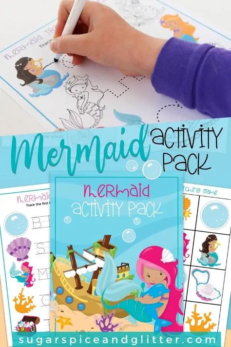 FREE Printable Mermaid Activity Pack - includes tracing activities for fine motor development, a mermaid puzzle, mermaid matching game and mermaid coloring sheet Babysitting Worksheets, Mermaid Activities, Free Printable Mermaid, Mermaid Printables, Fun Activites, Mermaid School, Tracing Activities, Preschool Planning, Mermaid Crafts