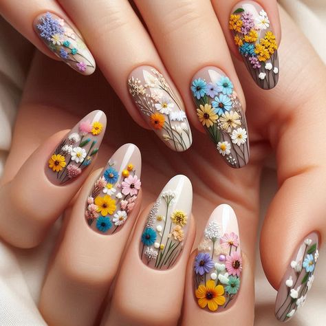 #nails   #flowers   #summer    #summer-nails Flower Bouquet Nail Art, Nails With Wildflowers, Hippy Flower Nails, Wild Flowers Nail Art, Wildflower Nails, Rainbow Floral Nails, Disney Flower And Garden Nails, Wow Nails, I Believe In Pink