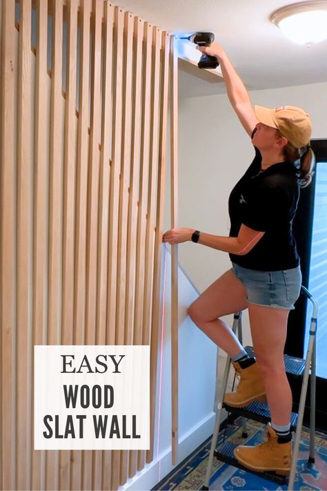 Build your own wood slat wall for your home! Turn any wall from basic to gorgeous. Full video tutorial here! Wood Wall Pattern, Diy Wood Ceiling, Stairway Accent Wall, Slat Wall Ideas, Stair Wall Ideas, Wood Slat Accent Wall, Diy Slat Wall, Slat Accent Wall, Wall Stairs