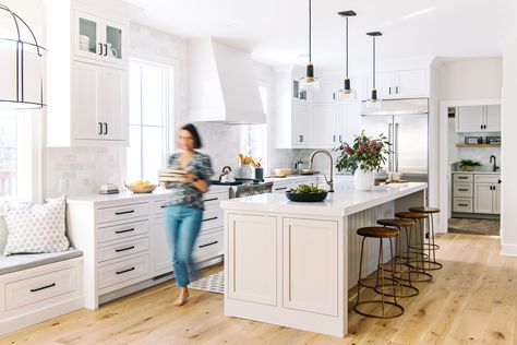 White L-shaped kitchen with inset cabinetry, nine foot long island, and dining nook. White oak flooring, Caesarstone countertops, and tumbled marble backsplash. Long Kitchen Layout, One Wall Kitchen, Kitchen Layouts With Island, Full Kitchen Remodel, Inset Cabinetry, Kitchen With Island, Kitchen Layout Plans, Long Kitchen, Living Vintage