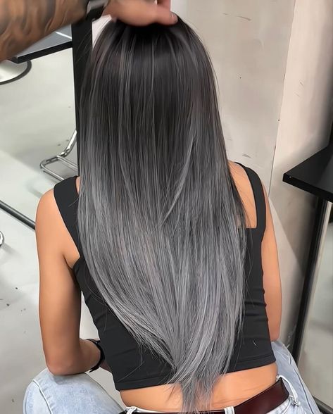 Silver Balayage Straight Hair, Brown Hair Silver Balayage, Grey Hair With Black Roots, Dark Brown Grey Hair, Ash Gray Highlights On Black Hair, Silver Hair On Dark Skin, Silver Balayage On Dark Hair, Dark Silver Hair Color, Balayage Silver Hair