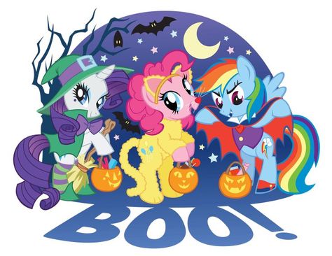 my little pony characters rarity, pinkie pie, and rainbow dash dressed up as a witch, a cat and a vampire for trick or treating Mlp Halloween, My Little Pony Halloween, Pony Cartoon, My Little Pony Collection, Mlp Base, Pony Pictures, Mlp Art, Mlp Fan Art, Comic Art Girls