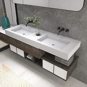 Medunjess Bathroom Sinks 59 Inch, Wall Mounted Double Vessel Sink Stone Resin Trough Bathroom vanity Sink, Freestanding Floating Bathroom Sink in Matte White, Wall Hang Sink.… Floating Bathroom Sink, Wall Hung Sink, Bathroom Vanity Sink, Trough Sink, Bathroom Countertop, Bathroom Sinks, Home Improvement Store, Kids Bathroom, Bathroom Kids