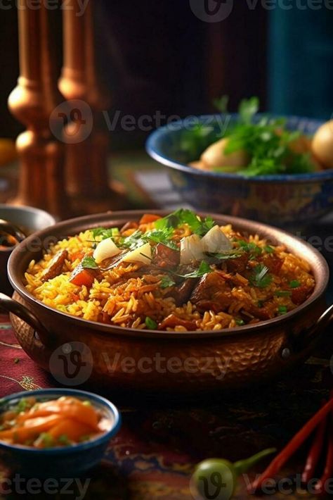 An Uzbek dish called pilaf Rice with meat carrots onions eggs and kazy in a plate of astau on the table A traditional Uzbek dish called pilaf A portion for three people, Generative AI Rice With Meat, Pilaf Rice, Rice Pilaf, Vector Portrait, The Table, Onions, Carrots, Rice, Meat